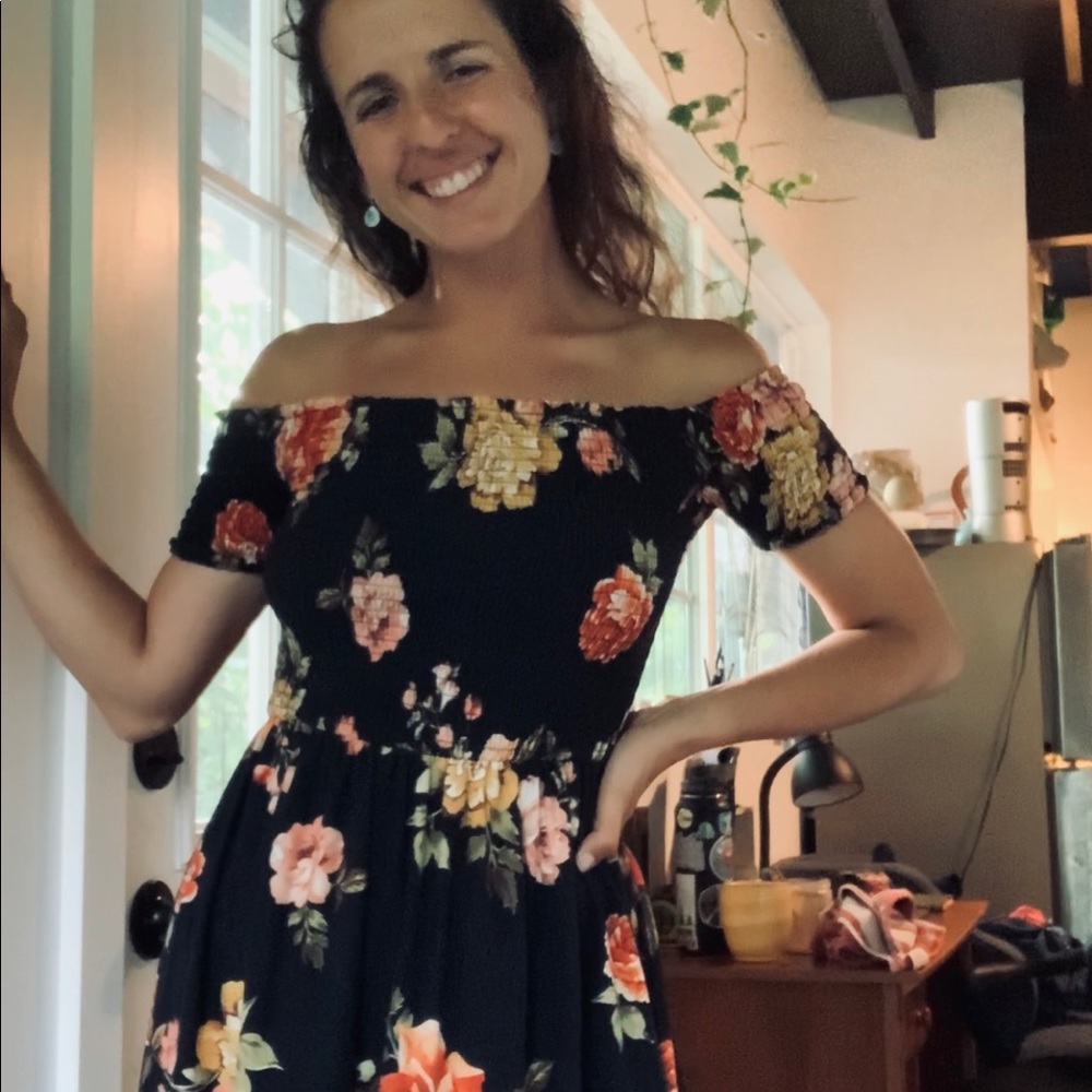 black and floral mini dress